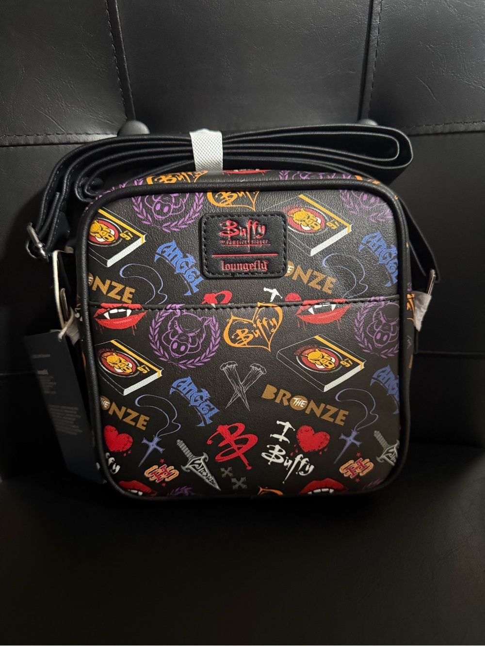 Loungefly Black Buffy Patterned Messenger Crossbody with Multicolor Icons